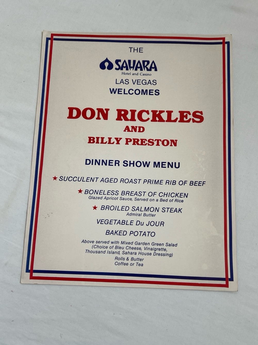 The Sahara DON RICKLES & BILLY PRESTON Show Menu Las Vegas Vintage Hotel Casino